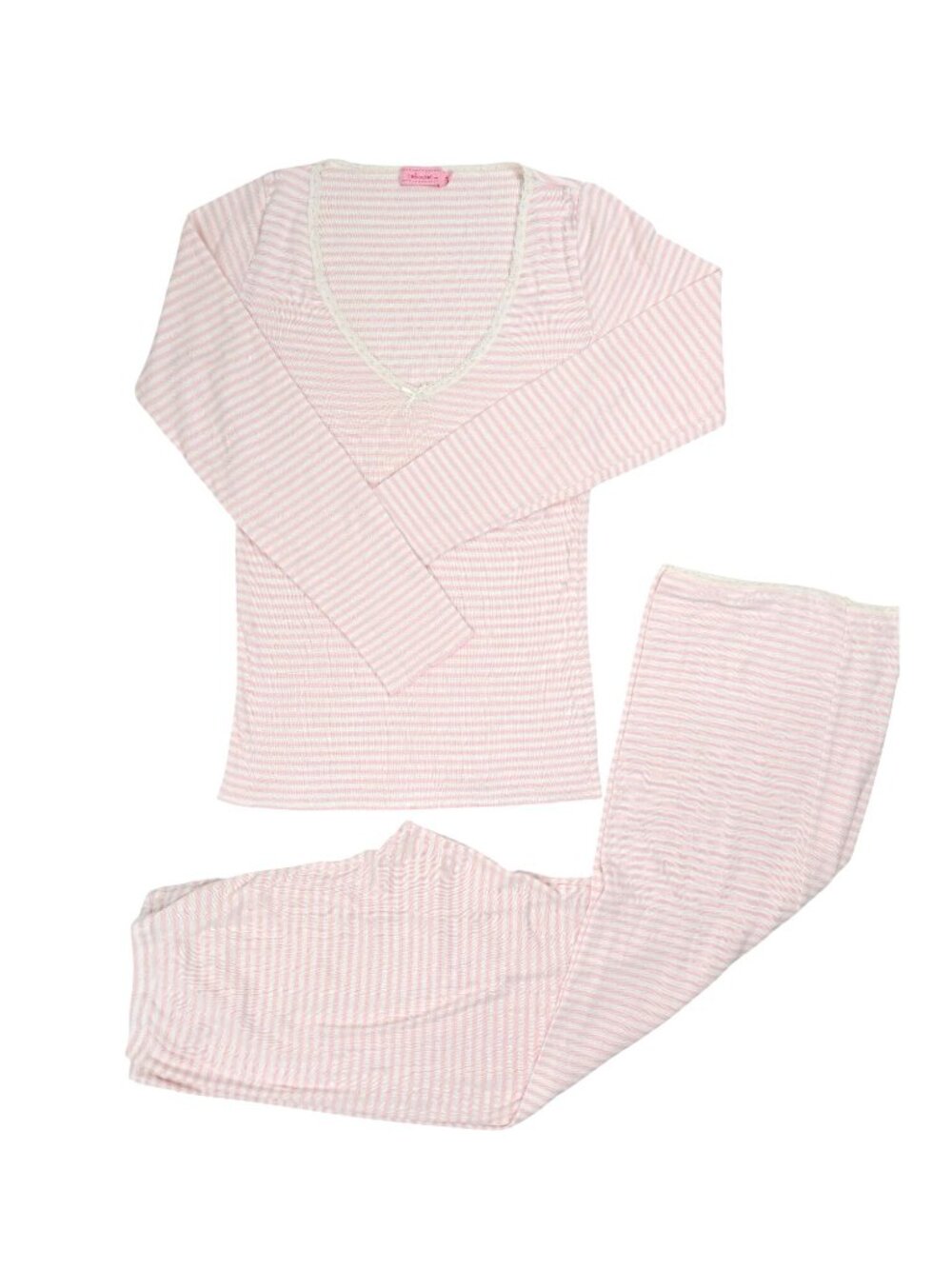 PolkaDot V Neck Long Sleeve Pajama Shirt in Pink White Stripe